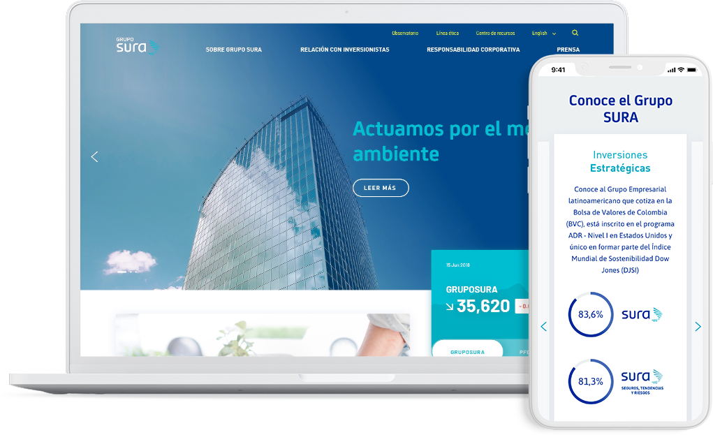 notebook y smartphone con sitio Grupo SURA