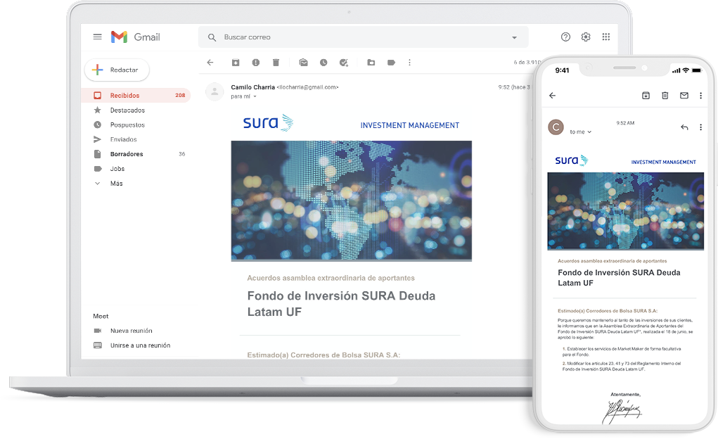 notebook y smartphone con un email de SURA
